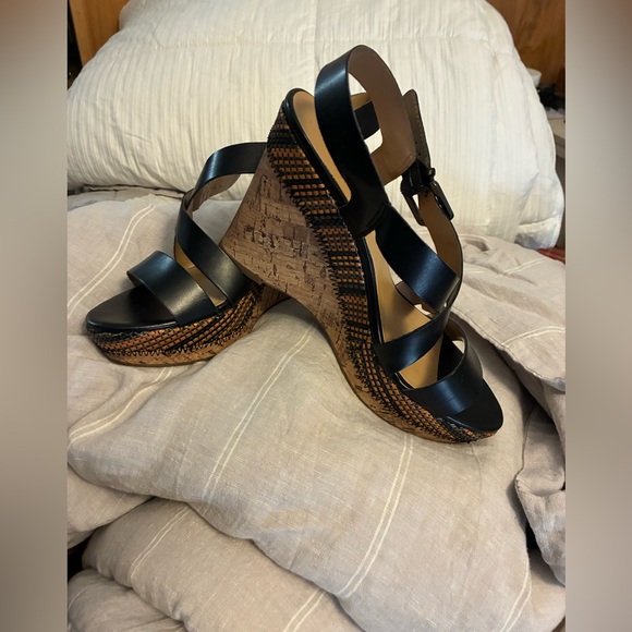 Franco Sarto Black Strappy Wedge Sandals Cork Sole Woven Basket Accent 8m - Picture 1 of 8